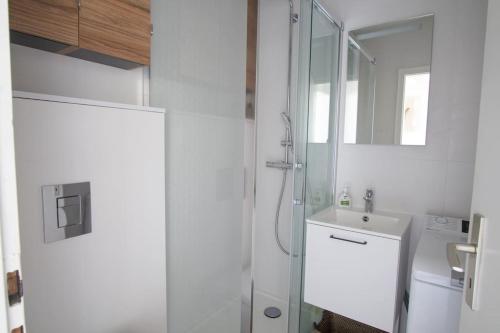une salle de bain blanche avec une douche et un lavabo dans l'établissement Marnesia - Studio avec vue sur les quais, à Strasbourg