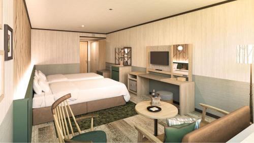 a rendering of a hotel room with a bed and a desk at Hachimantai Mountain Hotel & Spa in Hachimantai