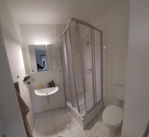 a bathroom with a shower and a toilet and a sink at Ferienwohnung Teichblick in Freiberg