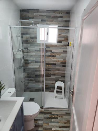 a bathroom with a shower with a toilet and a stool at HOUSE SAL Y MAR in Arrieta