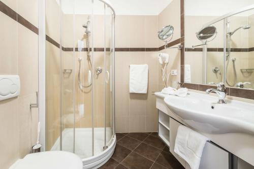 a bathroom with a shower and a sink and a toilet at Residenze Mathilda in Silandro