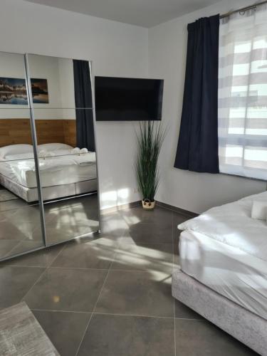a bedroom with two beds and a mirror at WellandHome Aalen - 6 Rooms in Aalen