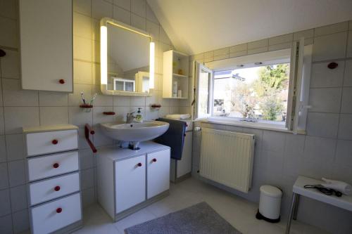 een badkamer met een wastafel en een spiegel bij Dreimädelshaus in Uhldingen-Mühlhofen