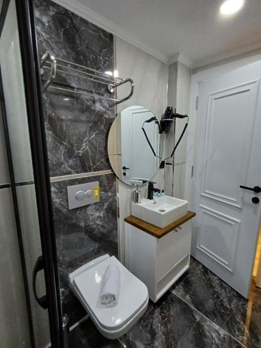 uma casa de banho com um WC, um lavatório e um espelho. em White Palace Hotel em Istambul