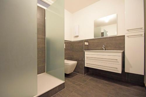 een badkamer met een wastafel, een toilet en een spiegel bij Air Apartments 14 in Bremen