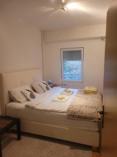 een slaapkamer met een groot bed en een raam bij Nika's Apartment in Skopje