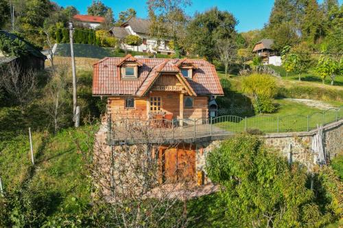 uma casa de madeira com um telhado vermelho numa colina em Vineyard Chalet Hansel and Gretel - Happy Rentals em Otočec