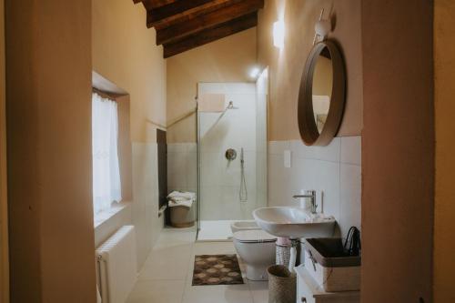 y baño con ducha, aseo y lavamanos. en Agriturismo Pizzavacca en Villanova sullʼArda