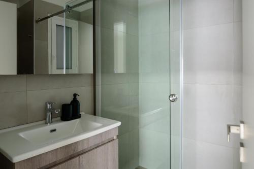 La salle de bains est pourvue d'un lavabo et d'une douche. dans l'établissement ERMOU STREET APARTMENTs, à Athènes
