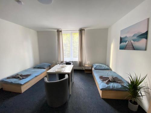 a room with two beds and a table and a chair at Apartmány Plzeň Zborovská 22 a in Plzeň