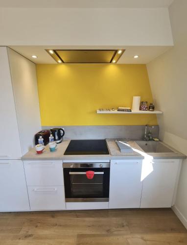Il comprend une cuisine équipée d'une cuisinière et d'un évier. dans l'établissement Studio Centre Douai - Wifi, à Douai