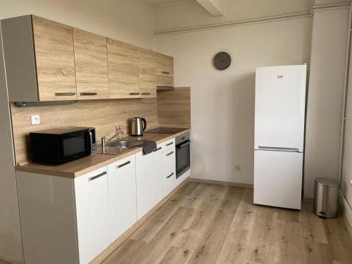 a kitchen with white cabinets and a white refrigerator at Apartmány Kladno - Libušín in Kladno