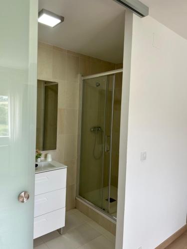a bathroom with a shower and a sink at Apartagal-A Corredoira in Foz