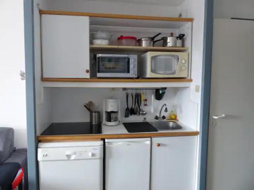阿沃里亞茲的住宿－Appartement Tilia - Avoriaz，带微波炉和水槽的小厨房