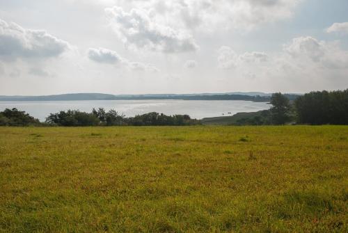 a field of grass with a large body of water at Familienzimmer-mit-Gemeinschaftsbad-fuer-4-Personen-auf-Ruegen-H5Zi2 in Rappin