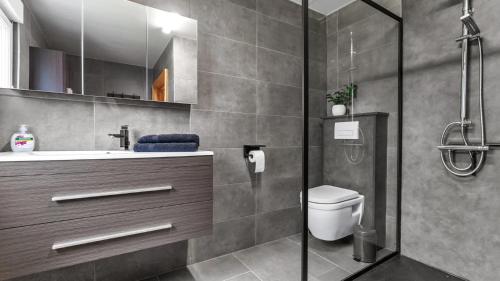 a bathroom with a shower and a toilet and a sink at An's Vakantiehuisje in Dessel