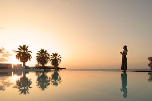 a woman standing on the beach looking at the sunset at Asea Villa, Spectacular right-on-the-beach Retreat, By ThinkVilla in Skaleta