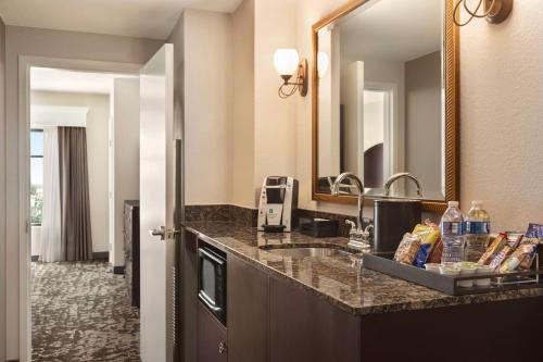 a hotel bathroom with a sink and a mirror at Embassy Suites by Hilton Orlando Lake Buena Vista South in Kissimmee