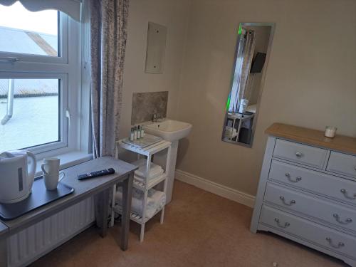 ein Badezimmer mit einem Waschbecken, einem Spiegel und einem Waschbecken in der Unterkunft New Lisnagalt Lodge in Coleraine
