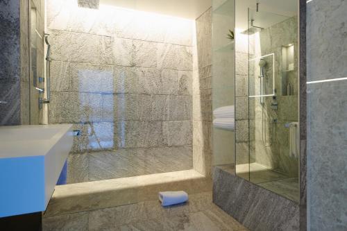 a bathroom with a shower and a sink and a toilet at Au Club Alpin in Champex