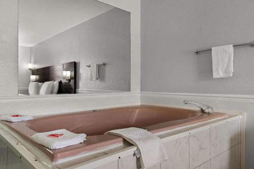 Econo Lodge في Princess Anne: حوض استحمام كبير في الحمام مع مرآة كبيرة