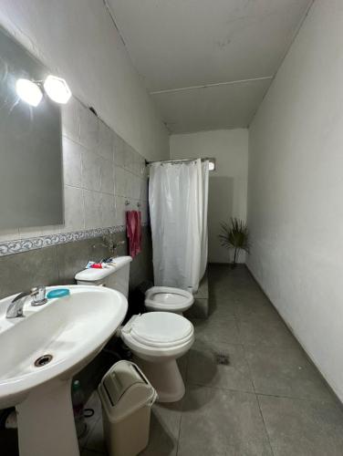W łazience znajduje się umywalka, toaleta i lustro. w obiekcie Habitacion DOBLE en casa compartida w mieście Godoy Cruz