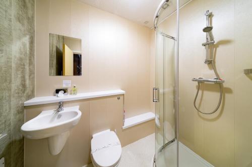 a bathroom with a toilet and a sink and a shower at Abbeyfield Lodge in Stockton-on-Tees