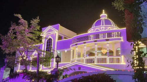 a building is lit up in purple at night at HOTEL GS MARRIAGE GARDEN , KARELI in Karelī