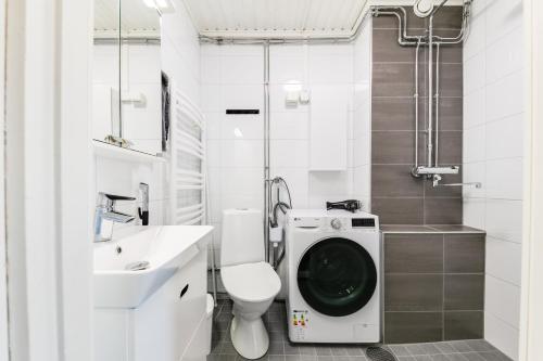 a bathroom with a toilet sink and a washing machine at Santa's Holiday Homes in Rovaniemi