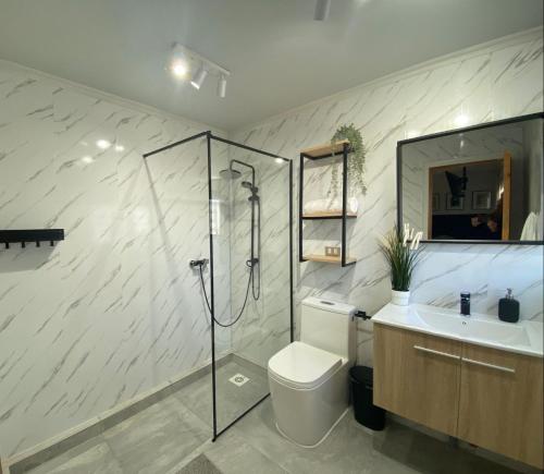 uma casa de banho com um chuveiro, um WC e um lavatório. em Hostal Boutique 501 em Los Ángeles