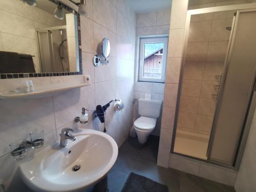 a bathroom with a sink and a toilet and a shower at Pension Schöpf in Arzl im Pitztal