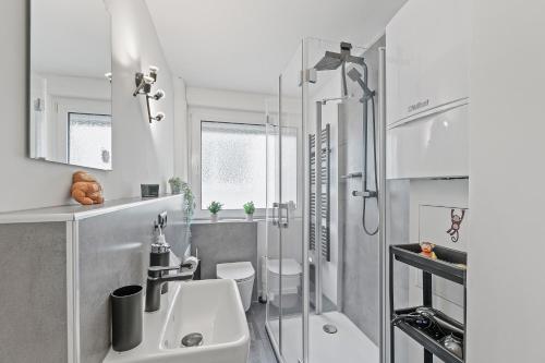 a bathroom with a shower and a toilet and a sink at Das CRAZY MONKEY LOFT mit 70qm in Heilbronn-City in Heilbronn