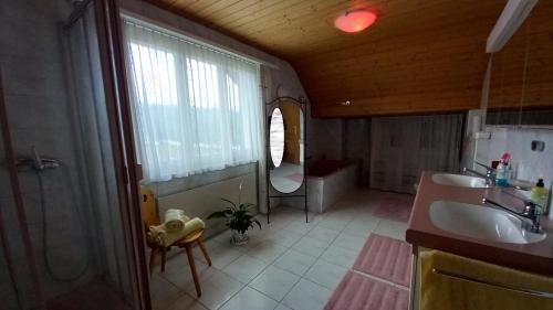 ein Badezimmer mit einer Badewanne, einem Waschbecken und einem Spiegel in der Unterkunft 2 Zimmer in Kestenholz in Kestenholz