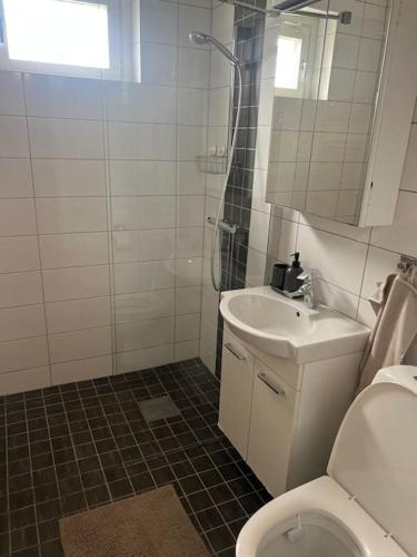 a white bathroom with a sink and a toilet at Apartment in Gothenburg in Gothenburg