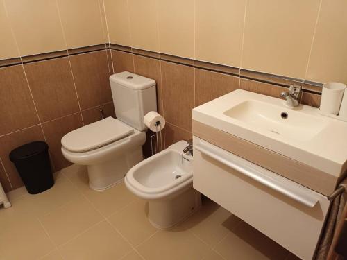 a bathroom with a white toilet and a sink at Acogedor Apartamento con Terraza in Vimianzo