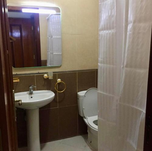 uma casa de banho com um lavatório, um WC e um espelho. em Appartement Haut Standing 3 chambres proche gare et centre ville em Kenitra