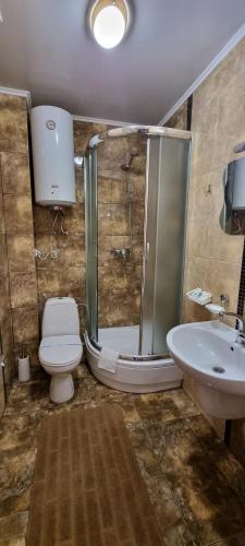 a bathroom with a shower and a toilet and a sink at Готельно-Ресторанний Комплекс Три Бобри in Litowiż