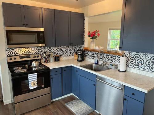a kitchen with blue cabinets and a stove and a sink at Lake View Retreat in Cambridge