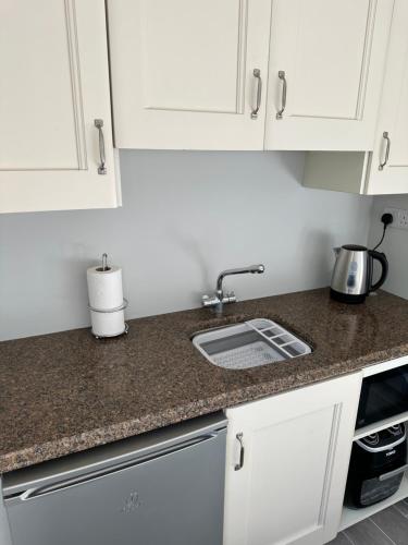 Una cocina con gabinetes blancos y un fregadero. en Pineridge Snug, en Wexford