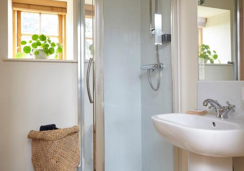 a bathroom with a sink and a shower at The Squeak at Moor Farm in Godshill