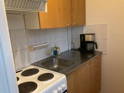 a small kitchen with a sink and a stove at Studiohuoneisto Lohja keskusta in Lohja