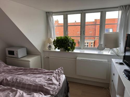 1 dormitorio con cama y ventana grande en Værelse i lejlighed med udsigt og ro, en Aarhus