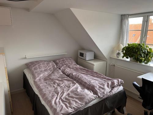 - une chambre avec un lit et une couverture violette dans l'établissement Værelse i lejlighed med udsigt og ro, à Aarhus
