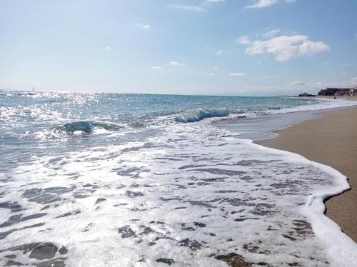 a view of the ocean with foam on the beach at Appartement 3 pièces front de mer in Le Barcarès