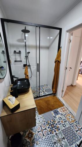 ウルツィニにあるMarelis condo with sea viewのバスルーム(ガラス張りのシャワー、シンク付)