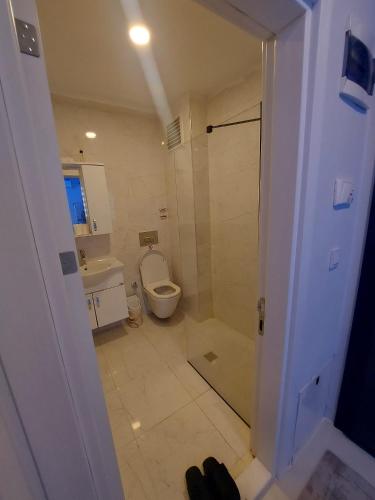 a bathroom with a toilet and a sink and a shower at Fatih apart otel in Bostancı