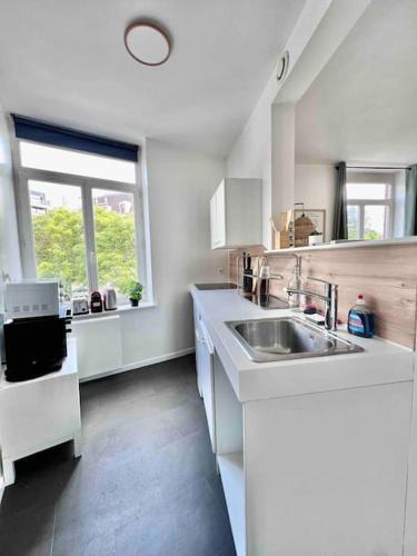 een witte keuken met een wastafel en een raam bij Appartement 2 mairie de Marcq in Marcq-en-Baroeul