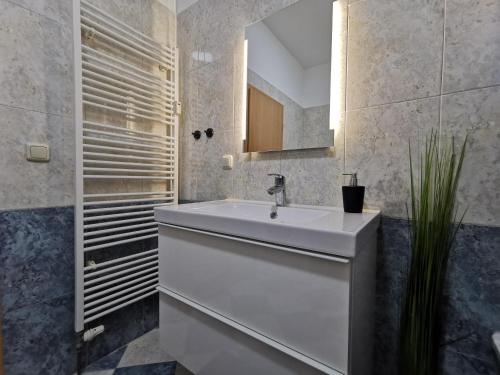 a bathroom with a white sink and a mirror at Apartment "Matt Rose" Rostock in Rostock