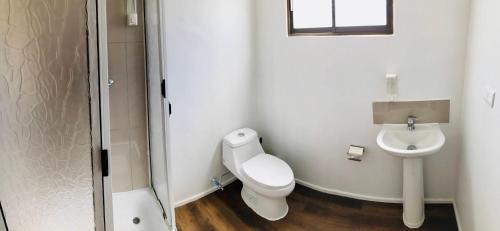 a bathroom with a toilet and a sink at Lodge Liquitay in Hijuelas