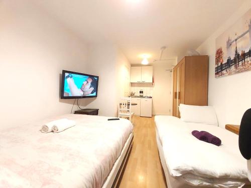 a room with two beds and a flat screen tv at London Harford House rooms in London